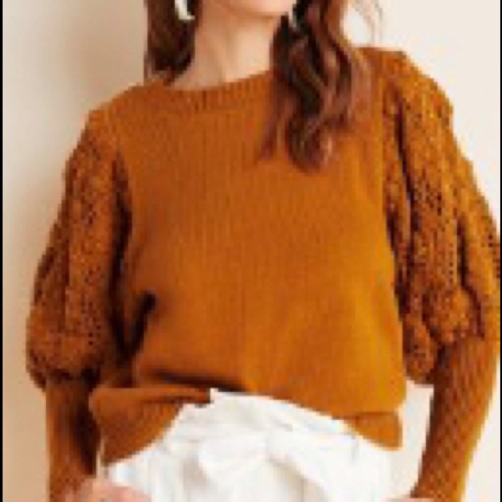 Women's Crewneck Sweater with Textured Puff Sleeves - Camel